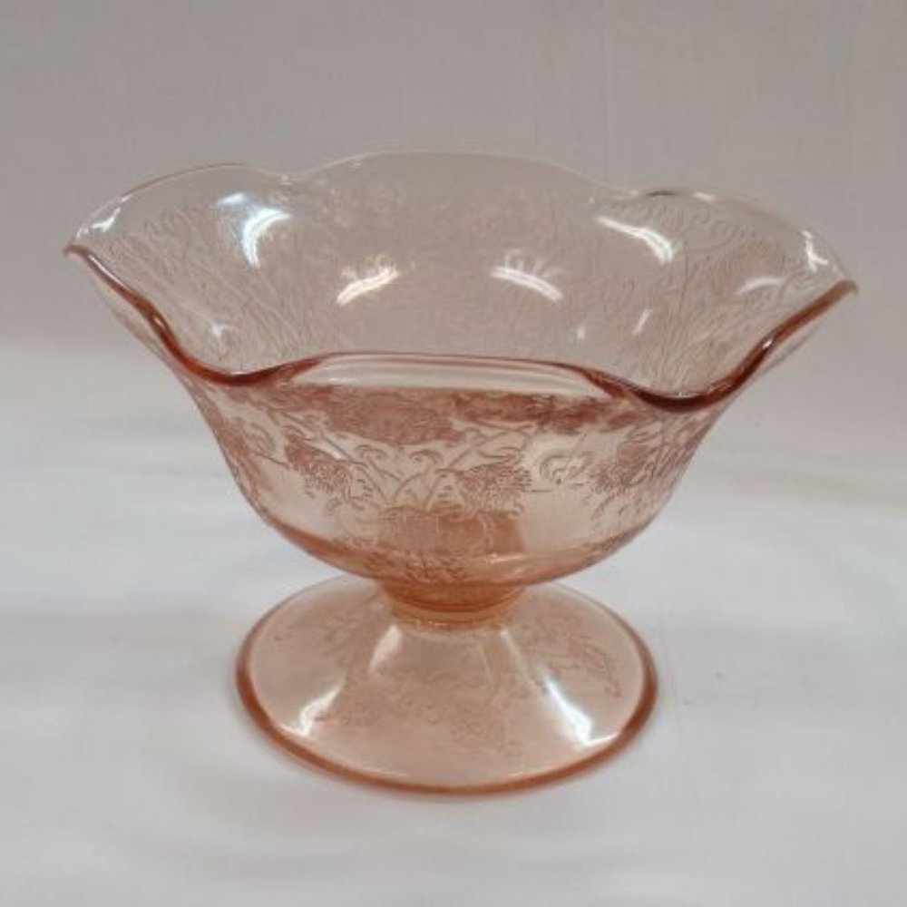 Hazel Atlas Depression Glass Pink Florentine No. 2 4 3/4 In Ruffled Mint Comport